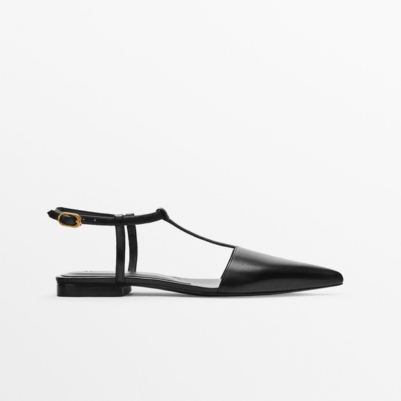 NWT. Massimo Dutti Black Leather Flat Slingback Shoes. Size 8. - Picture 1 of 7